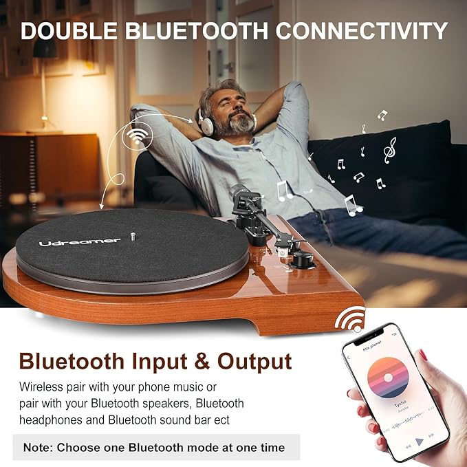 Vinyl Record Player with Bluetooth Input Output,Turntable with Built-in Preamp,USB Recording,Speed Adjustment,Counterweight and Moving Magnet Stylus,Upgraded Single-Platter Design (No Sub-Platter)