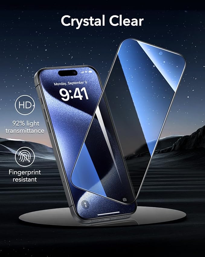 ESR 3 Pack 9H+ Glass for iPhone 15 Pro Privacy Screen Protector, [Military Grade Shatterproof & Longest Durable] Armorite Anti-spy Tempered Glass with UltraFit Tray