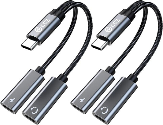 2PCS USB C Headphone Splitter,CCZ CA01 USB C to Type C Headphone Jack and Charger Adapter, 1 in 2 out Dongle Hi-Res DAC Audio Cable with PD 60W Fast Charging for Samsung Galaxy S25 S24 S23 (USBC-USBC)