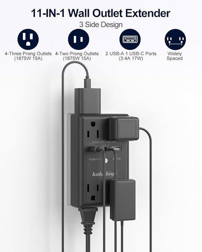 Black Wall Power Strip, 8 Way Outlets with 1680J Surge Protected, Multi Plug Wall Outlet with USB Ports, LED Indicator, 1875W Wall Mounted Surge Protectors for Dorm Room Office Kitchen