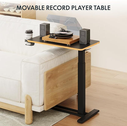 FLEXISPOT Mobile Standing Desk with Wheels Pneumatic Laptop Desk Rolling Computer Cart Movable Height Adjustable Small Sit Stand Desk Computer Workstations Home Use（27.6" W x 15.7" D, Black+Maple