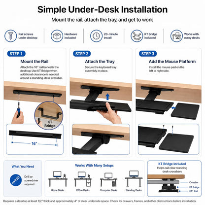 KT1 Ergonomic Keyboard Tray Under Desk, Under Desk Slide Out Tray with Adjustable Height and Tilt, Easy to Slide and Swivel 360 Degree, Keyboard Drawer with Adjustable Mouse Pad