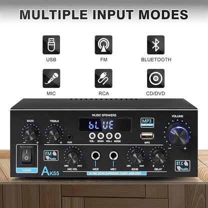 AK55 Bluetooth 5.0 Amplifier Home Audio,2.0 Channel Max 450W Power Stereo Amplifier Receiver w/USB/AUX/RCA/Opt/COA /2 MIC in for Home Theater Speakers