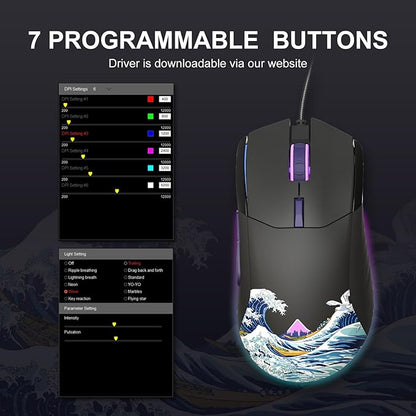 COSTOM Womier G705 USB Wired Gaming Mouse for PC Computer Windows Mac Laptop, Lightweight Silent RGB Backlit Mouse with Adjustable 12000DPI/7 Programmable Side Buttons,Black Kanagawa Theme