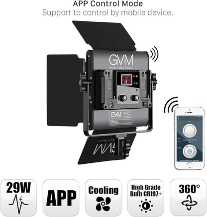 GVM Led Bi-Color Video Lights with APP Function, Variable CCT 2300K-6800K and 10%-100% Brightness with Digital Display for Video Studio Shooting, CRI97+ TLCI97 Led Light Panel +Barndoor
