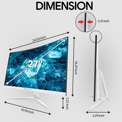 CRUA 27" Curved White Monitor, Full HD(1920x1080P) VA Panel 1800R 100HZ 120% sRGB Professional Computer Monitors, 3Sides Frameless, Flicker-Less,Blue Light Filter, for Office & Gaming (VGA, HDMI)