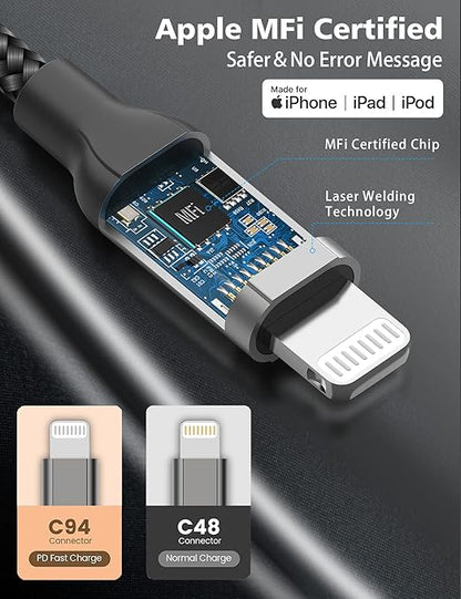 6ft USB C to Lightning Cable 2Pack, MFi Certified 27W iPhone 14/13/12 Super Fast Charging Cord 2m, Long Nylon Braided Type C to Lightning Cord for Apple 14 13 12 11 SE X XS XR 8 7 6s All Models, iPad
