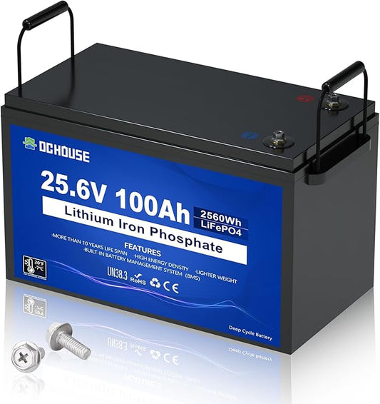 DC HOUSE 24V 100Ah LiFePO4 Lithium Battey, Low Temp Cut-Off BMS, Up to 15000 Cycles, Perfect for Trolling Motors, Marine, Boat, RV, Camper, Home Energy Storage