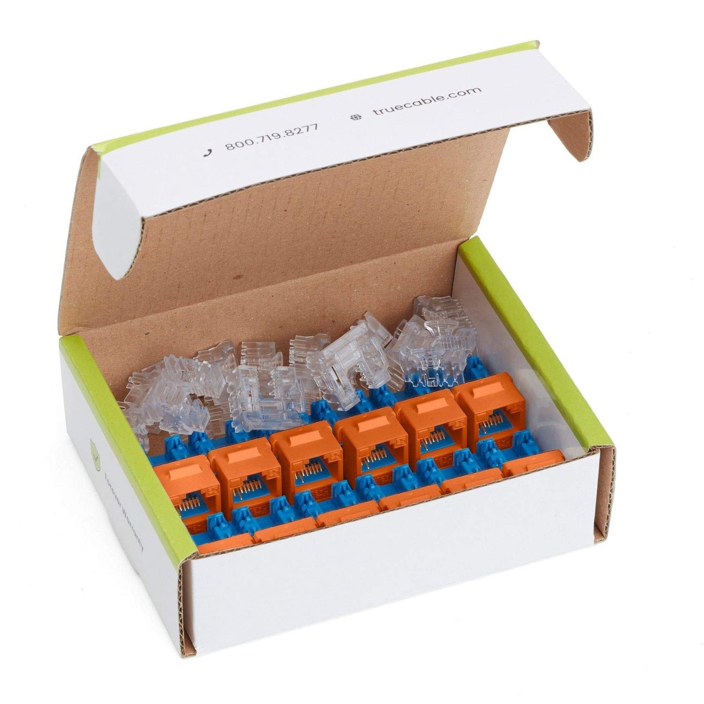 TRUE CABLE Cat6A Unshielded (UTP) Keystone Jack, 90-Degree Punch-Down RJ45 Female Module, PoE++ 4PPoE, UL Listed & TIA Certified, Orange, 12 Pack
