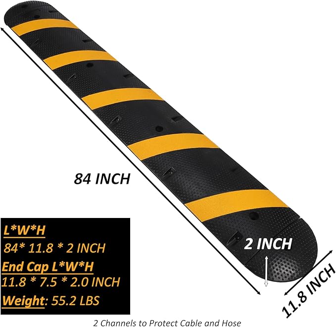 Heavy Duty Speed Bumps for Driveway, 84" Rubber Speed Bumps, 2 Channel Modular Traffic Speed Bump Hump Cable Protector Ramps for Asphalt Concrete Gravel Driveway Road with 2 End Caps, 6 Bolt Spikes