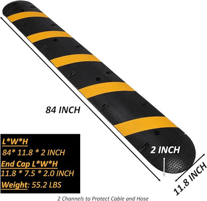 Heavy Duty Speed Bumps for Driveway, 84" Rubber Speed Bumps, 2 Channel Modular Traffic Speed Bump Hump Cable Protector Ramps for Asphalt Concrete Gravel Driveway Road with 2 End Caps, 6 Bolt Spikes