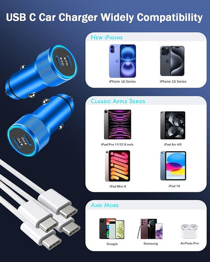 iPhone Car Charger Fast Charging,iPhone 16 Car Charger 2PACK Dual USB C PD3.0 Port CarCharging Adapter and USB C to C Braided Nylon Charging Cable Compatible with iPhone 16/16 Pro Max/15/iPad（Blue）