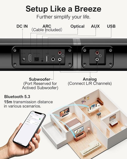 ULTIMEA 2.2ch Sound Bar for Smart TV, Peak Power 100W, 2-in-1 Detachable Sound Bar for TV, App, Bluetooth 5.3 TV Soundbar, 3 EQ Modes, BassMX Technology, HDMI-ARC/Opt/AUX, Apollo S40, 2025 Upgraded
