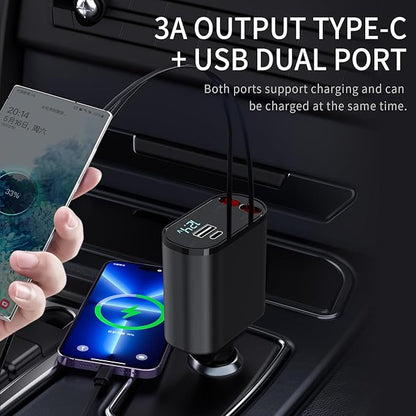 Retractable Car Charger Compatible with Galaxy Pixel, 4 in 1 Fast Charging Car Charger 60W, Double Type C Retractable Cable and 2 USB Ports