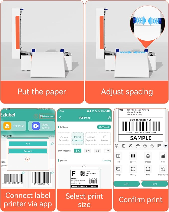 LFPERT Bluetooth Thermal Label Printer, Wireless 4x6 Shipping Label Printer for Small Business & Shipping Package Compatible with Android, iOS, Windows & Mac, Used for Amazon, Ebay, Shopify, USPS Etc