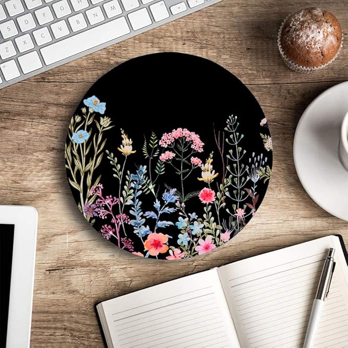 Floral Mouse Pad: Non-Slip Rubber Base & Comfortable Lycra Cloth - Cute Mouse Pad for Women, Round Waterproof for Computer, Laptop, Office, Home