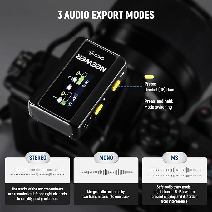 NEEWER CM28 Wireless Lavalier Microphone System, 1 Click Noise Canceling, 4GB Storage for 9Hrs of 48KHz 16 Bit Uncompressed Audio, Lapel Mic Compatible with iPhone/Android/PC/Camera/iPad