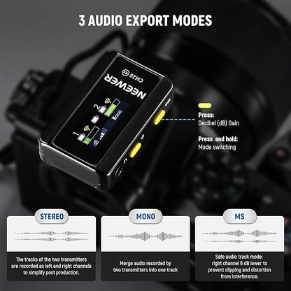 NEEWER CM28 Wireless Lavalier Microphone System, 1 Click Noise Canceling, 4GB Storage for 9Hrs of 48KHz 16 Bit Uncompressed Audio, Lapel Mic Compatible with iPhone/Android/PC/Camera/iPad