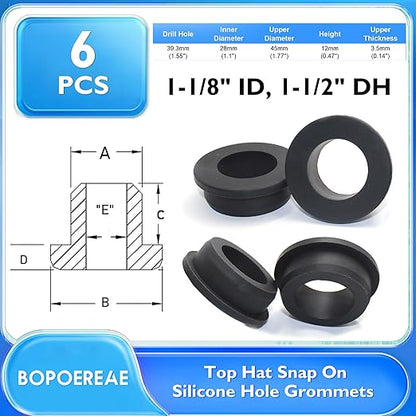 6 Pcs 1-1/2" Drill Hole, 1-1/8" ID Silicone Rubber Grommets for Wiring, Firewall Hole Plug, Top Hat Grommets for Vinyl Tubing in Hydroponic and Irrigation Systems Metal Wall Drywall