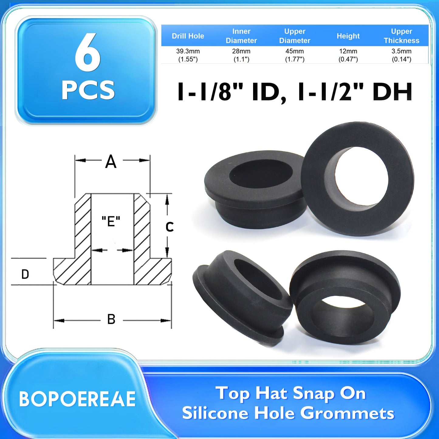 BOPOREAE 1-1/2" Drill Hole, 1-1/8" ID Silicone Rubber Grommets for Wiring