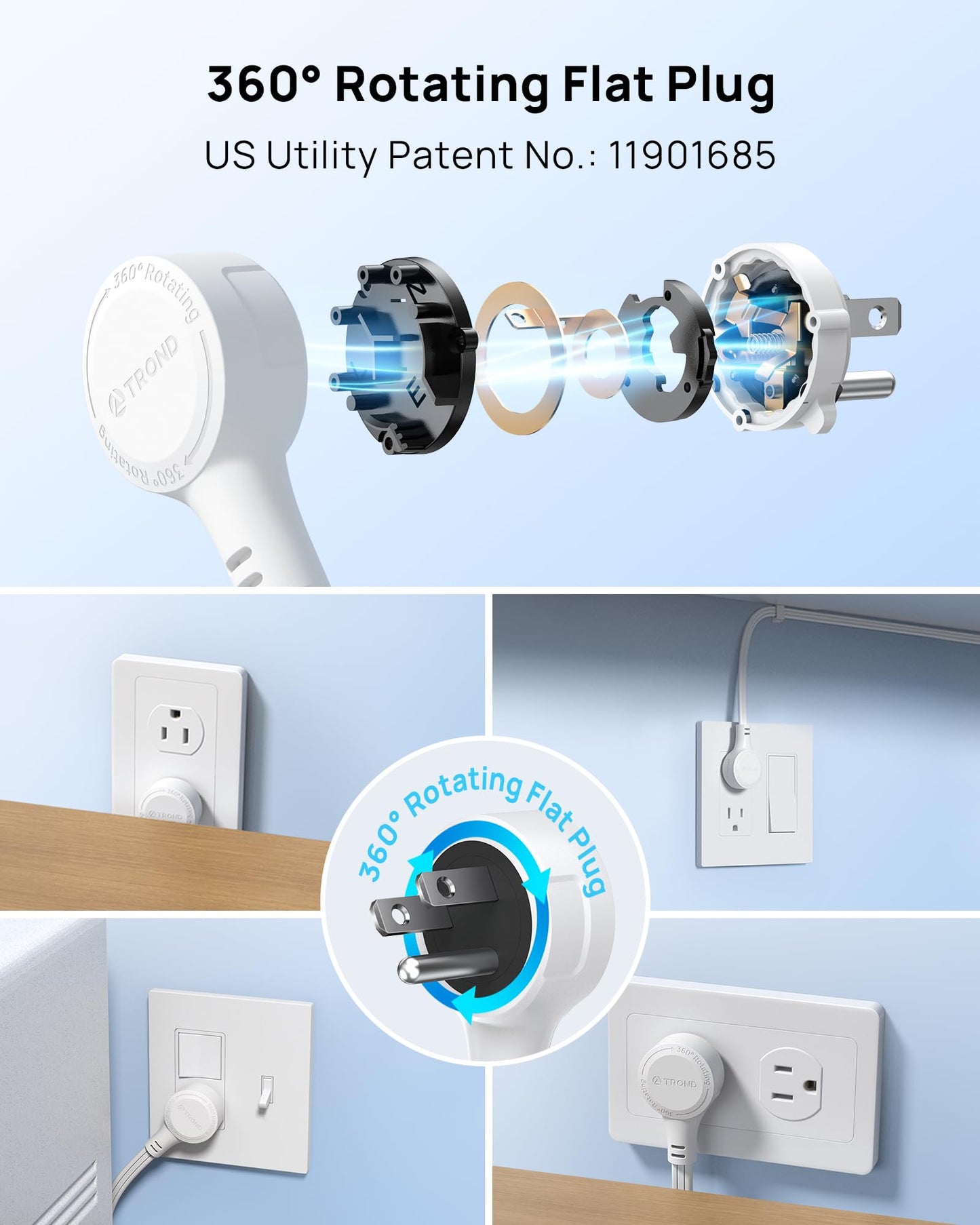 TROND Rotating Flat Plug Extension Cord Surge Protector 15ft, 3 AC, White