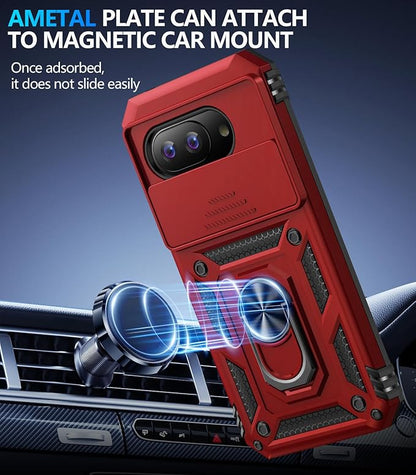 Taisairu for Google Pixel 9A Case with Screen Protector & Slide Camera Lens Cover, Built-in 360°Rotate Magnetic Ring Stand Shockproof Protective Phone Case for Google Pixel 9A Case (Red)