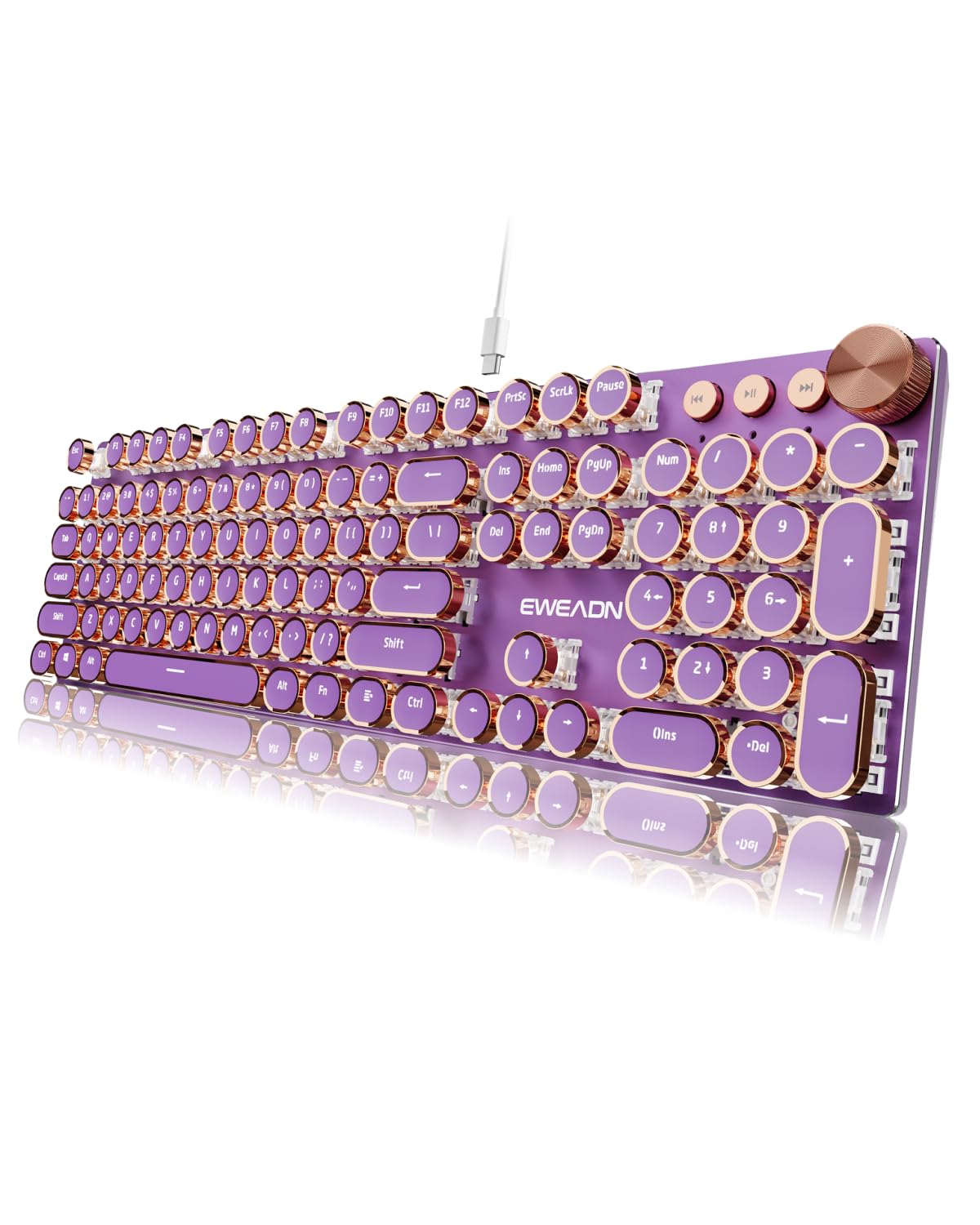 EWEADN Wired Typewriter Mechanical Keyboard, Low Noise Pink Switch Retro Punk Keyboard with Media Knob, White Backlit, Metal Panel, 104-Key Round Keycaps Cute Keyboard for Windows PC -Purple
