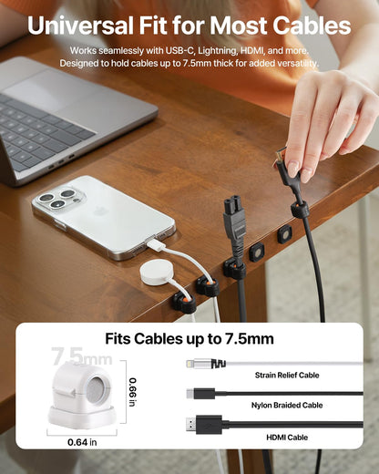 Sinjimoru Magnetic Cable Clips 6 Pack, Cord Organizer for Desk, White