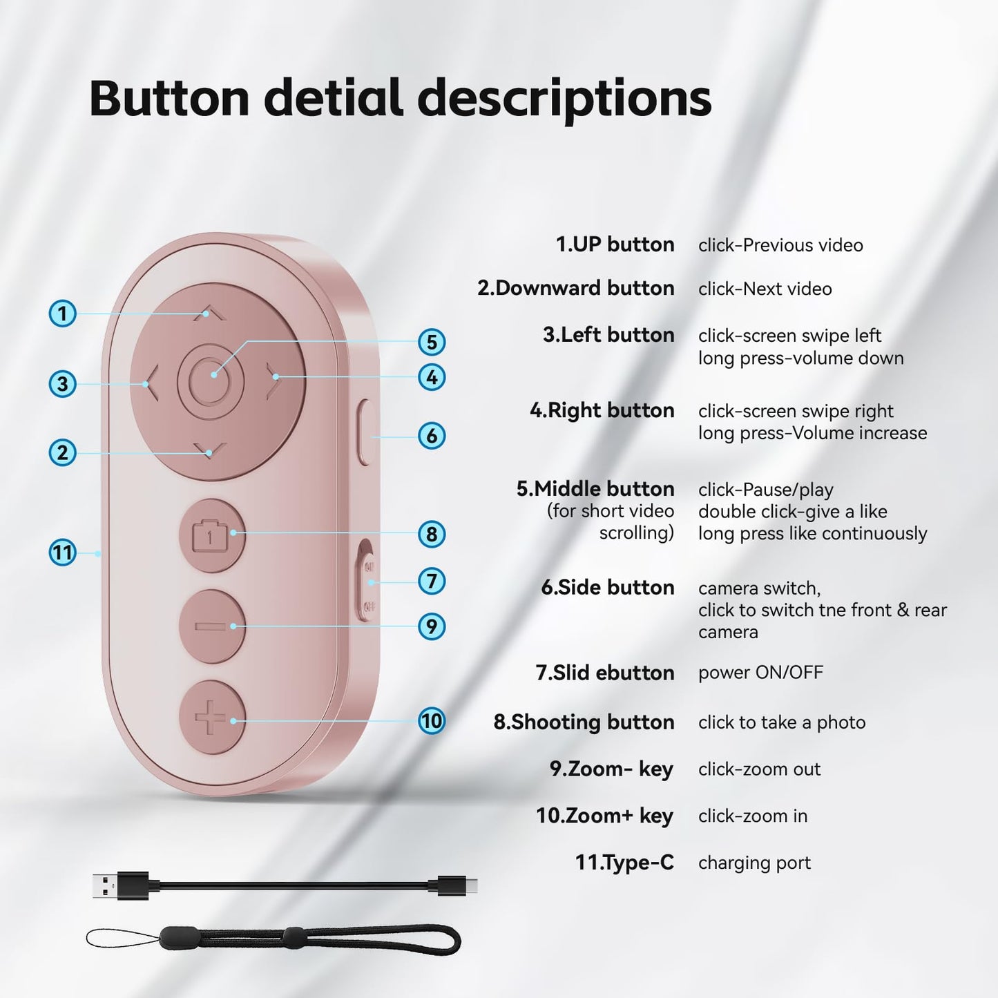 Bluetooth Camera Remote Shutter with Zoom and Front/Rear Camera Switch for Photo and Vlogging,Cllphone Remote Clicker for iOS & Android Smartphone, Wireless Video Scrolling for Tiktok