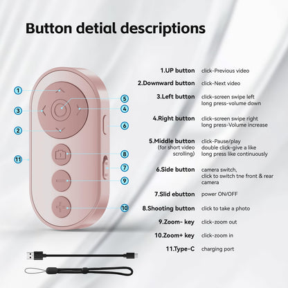 Bluetooth Camera Remote Shutter with Zoom and Front/Rear Camera Switch for Photo and Vlogging,Cllphone Remote Clicker for iOS & Android Smartphone, Wireless Video Scrolling for Tiktok
