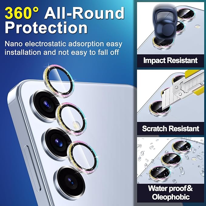 for Samsung Galaxy S25 Plus Camera Lens Protector, Individual Metal Ring Tempered Glass Lens Cover, [Strong Adsorption] Scratch Resistant Ultra-Thin HD Clear Lens Cover, 1 Set-Colorful Sparkly