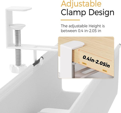 Under Desk Cable Management Tray 15.7" - No Drill Computer Wire Organizer Cable Tray, Cord Hider Clamp Mount with 16X Cable Ties PC Cables Management Cord Holder for Office/Home (Upgrade Fabric,White)