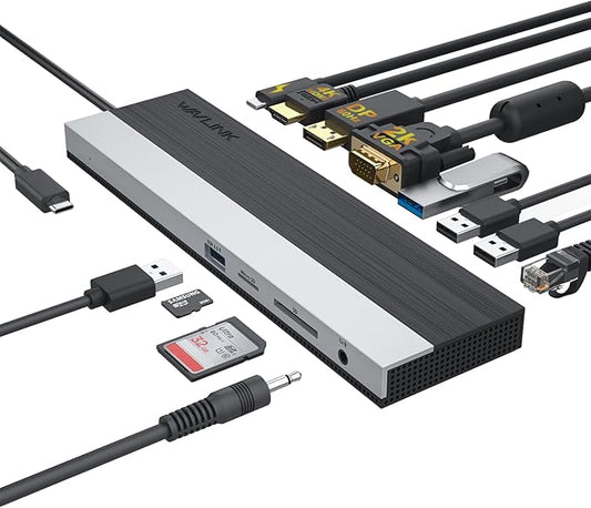 WAVLINK 12-in-1 USB C Docking Station, Triple Display Type C Hub Multiport Adapter with HDMI, DisplayPort, VGA, Ethernet, USB-C 100W PD3.0 Charging, USB3.0, USB2.0, SD/TF Card Reader, Audio