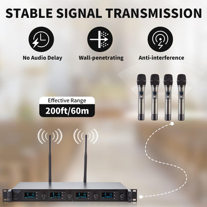 Boeska Wireless Microphone System, 4-Channel UHF Wireless Mic, Fixed Frequency Metal Cordless Mic with 4 Handheld Dynamic Microphones, 200ft Range, Mics for Singing, Church (4 Handheld)