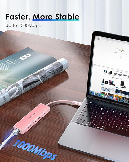 LENTION USB C Hub with Gigabit Ethernet Adapter, 4K HDMI, 3 USB 3.0 Port for 2024-2016 MacBook Pro 13/14/15/16, New Mac Air & Surface, Chromebook, More, Stable Driver Certified (CB-C25, Rose Gold)
