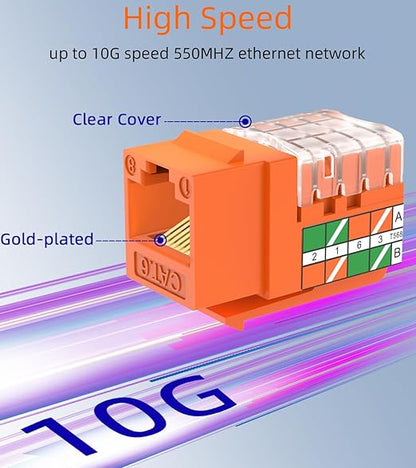 Rapink RJ45 Keystone Jack Cat6 10G Support, Keystone Jacks UTP 50 Pack for Wall Plate and Patch Panel, Rj45 Keystone 90 Degree Orange Color for Cat6, Cat5e, Cat5 Cabling