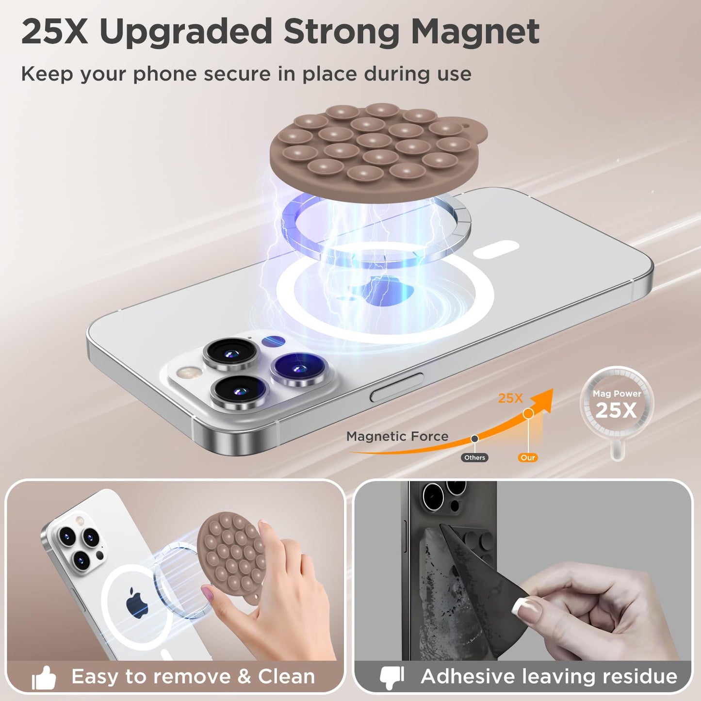 HSAOHD Magnetic Suction Cup Phone Mount with MagSafe, Silicone Hands-Free Grip Holder for iPhone Case and Android, Mirror Shower Phone Stand for Makeup FaceTime Gym Kitchen Bathroom, Light Brown