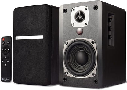 SINGING WOOD BT27 Active Powered Bluetooth Bookshelf Speakers for Studio Monitor TV Turntable Computer- 60 Watts RMS - Wood Grain Finish (Black)