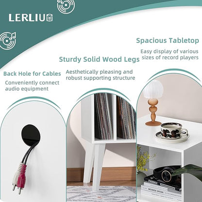 Lerliuo Record Player Stand, White Turntable Stand Holds up to 160 Albums, Mid-Century Vinyl Storage Cabinet Table with Solid Wood Legs, Record Player Holder Dispaly Shelf for Bedroom Living Room