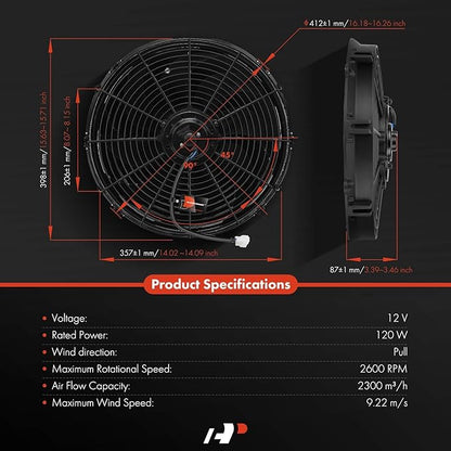 A-Premium 16'' 16 inch Slim Fan Pull Universal Electric Radiator Cooling Fan Assembly, 12V 120W with Mount Kit