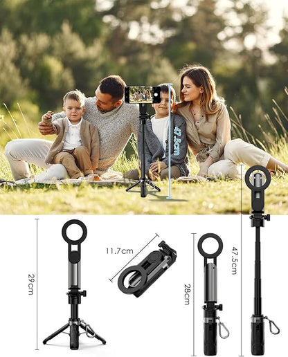 CloudValley Magnetic 4-in-1 Multifunctional Selfie Stick Tripod, Mini Portable Pocket Phone Stand with Detachable Remote, Compatible with MagSafe, for iPhone/Android, Travel Vlog, Live Stream, Black