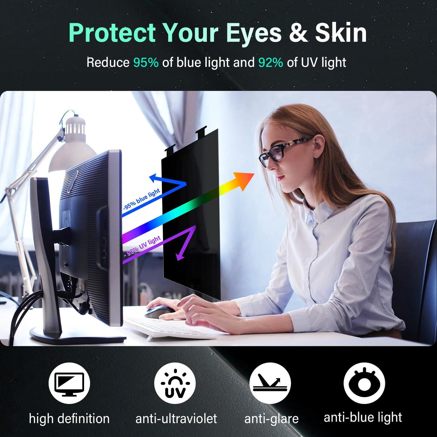 [2 Pack] Magnetic Hanging 27 Inch Computer Privacy Screen for 16:10 Aspect Ratio Widescreen Monitor, Eye Protection Anti Glare Blue Light Computer Monitor Privacy Filter, Removable 27in Protector Film