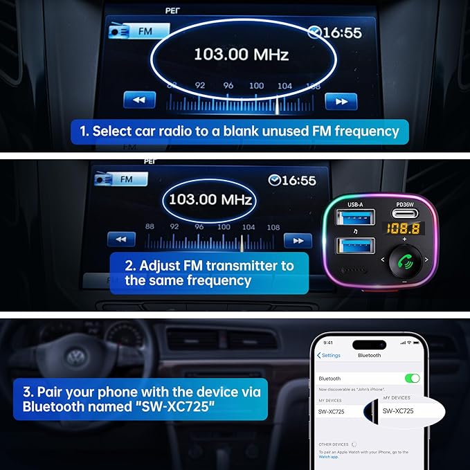 Syncwire Bluetooth 5.4 FM Transmitter Car Adapter 48W (PD 36W & 12W) [Light Switch] [HiFi Bass Sound] [Fast Charging] Wireless Radio Music Adapter LED Display Hands-Free Calling Support USB Drive