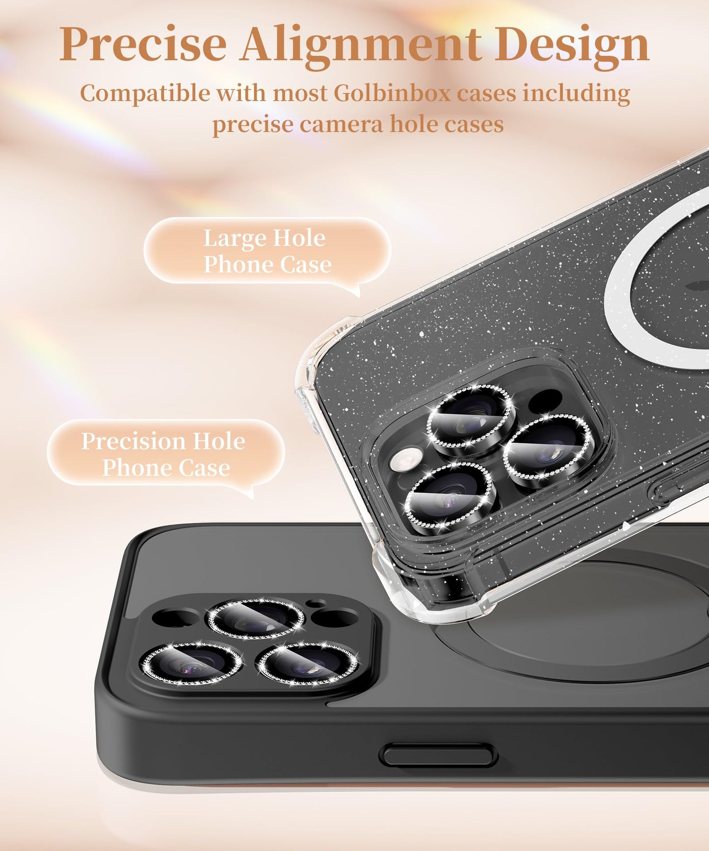 GolbinBox Camera Lens Protector for iPhone 17 Pro Max/17 Pro/16 Pro Max/16 Pro, 1:1 Invisible Fit, 9H Tempered Glass Ultra HD Metal Individual Camera Cover for Women, Case Friendly,Bling/Black