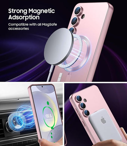 Magnetic for Samsung Galaxy S24 Case [Compatible with MagSafe][Built-in Camera Lens Protector] Slim Soft Silicone Bumper Shockproof Metallic Luster Phone Case (Rose Gold)