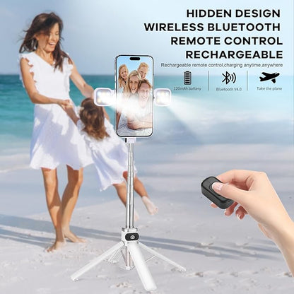 Mini Phone Tripod Stand,MQOUNY 38" Phone Tripod &Selfie Stick with Wireless Rechargeable Remote & Removable Light, Extendable Tripod Stand 360 Rotation Compatible with Phone&Android Samsung (White)