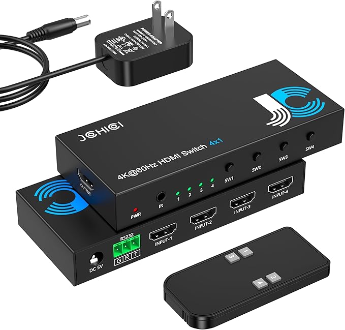 HDMI Switch 4 in 1 Out 4K@60Hz, 4 Ports HDMI Switcher Selector with Remote, Support HDCP 2.2 HD R10+ Dolby Vision/Atmos 18Gbps CEC for Apple TV Game PC PS4 5 Pro Xbox Roku