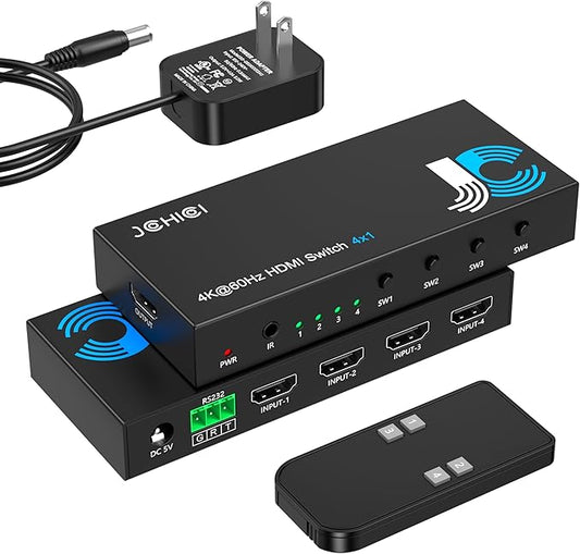 HDMI Switch 4 in 1 Out 4K@60Hz, 4 Ports HDMI Switcher Selector with Remote, Support HDCP 2.2 HD R10+ Dolby Vision/Atmos 18Gbps CEC for Apple TV Game PC PS4 5 Pro Xbox Roku