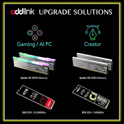 Addlink G55 1TB PCIe 5.0 Gen5 NVMe M.2 SSD- Up to 10,200 MB/s - PC Gaming Upgrade, Photography, Video Editing & Design - Gen5x4 Internal Solid State Drive (ad1TBG55M2P)