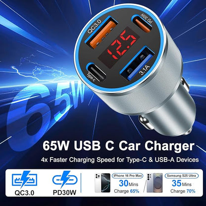 USB C Fast Car Charger, 2Pack 4-Port Fast Charging Car Charger with Voltage Display, Type C Car Chargers for Multiple Devices,USBC Phone Adapter for iPhone 16e 16 15 Pro Max,Galaxy,iPad,Pixel,Android